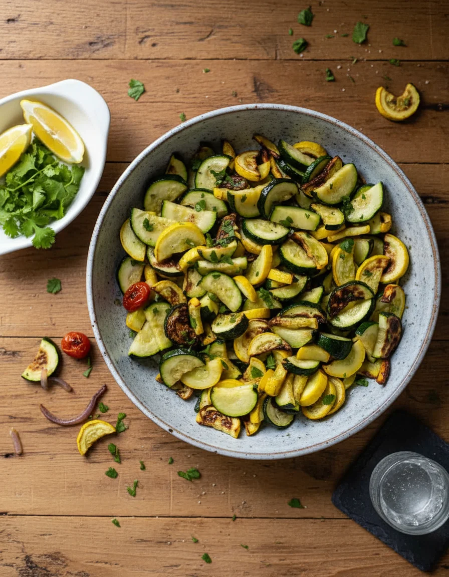 Air Fryer Squash and Zucchini made with zucchini, yellow squash, olive oil, garlic, salt, pepper, fresh herbs