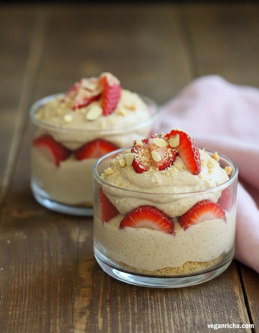 Almond Butter Strawberry Parfaits made with non dairy milk, smooth almond butter, salt, sugar or sweetener, vanilla, cinnamon, sliced ripe strawberries, crushed vegan graham crackers, chocolate syrup or vegan caramel for garnish, raw or coconut sugar, maple syrup, coconut cream, sea salt, whipped coconut cream