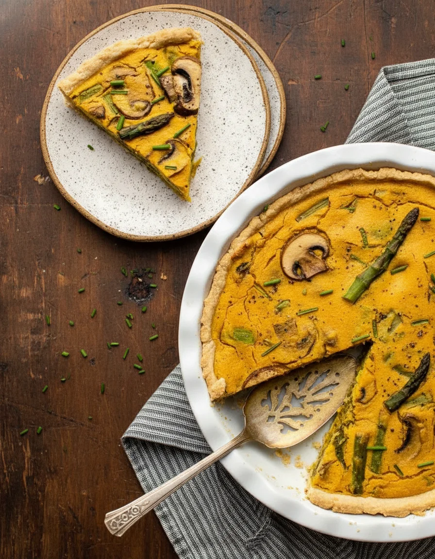Asparagus Mushroom Quiche made with 3-Ingredient Pie Crust, cremini mushrooms, asparagus, low-sodium tamari, chickpea flour, nutritional yeast, garlic powder, turmeric powder, baking powder, sea salt, non-dairy milk, chives