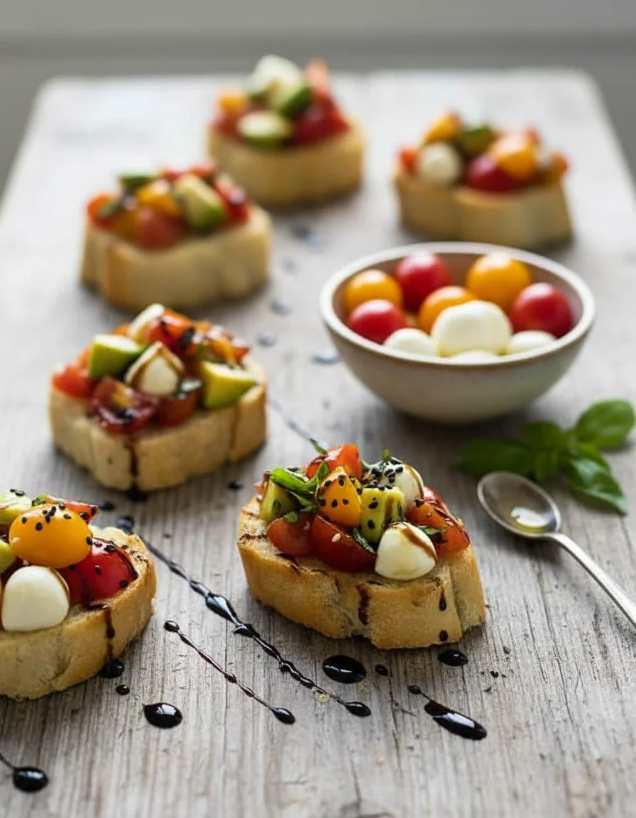Avocado Caprese Bruschetta made with baguette, olive oil, cherry tomatoes, avocado, vegan mozzarella, balsamic vinegar, coconut sugar, fine salt, ground black pepper, basil
