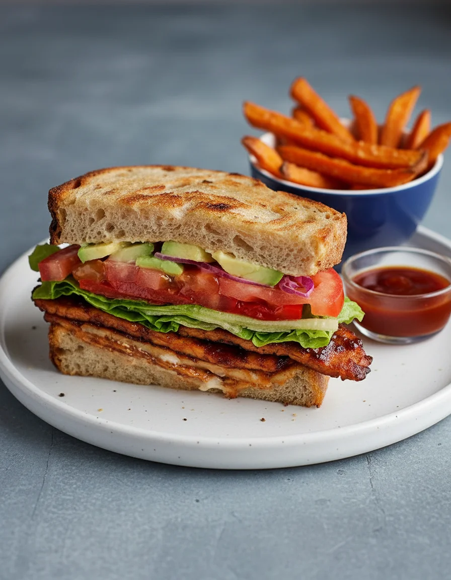 BBQ Tempeh Lettuce Tomato Sandwich