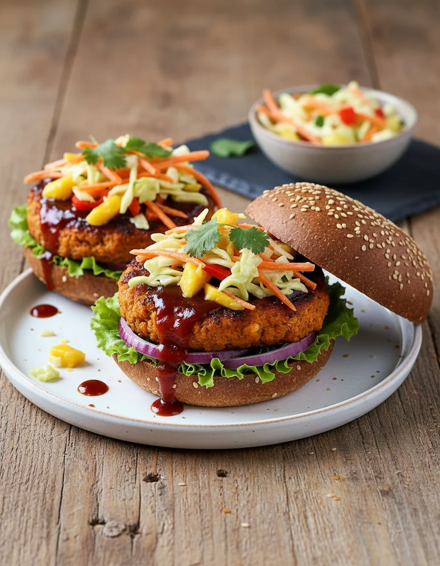 BBQ Veggie Burgers with Mango Slaw