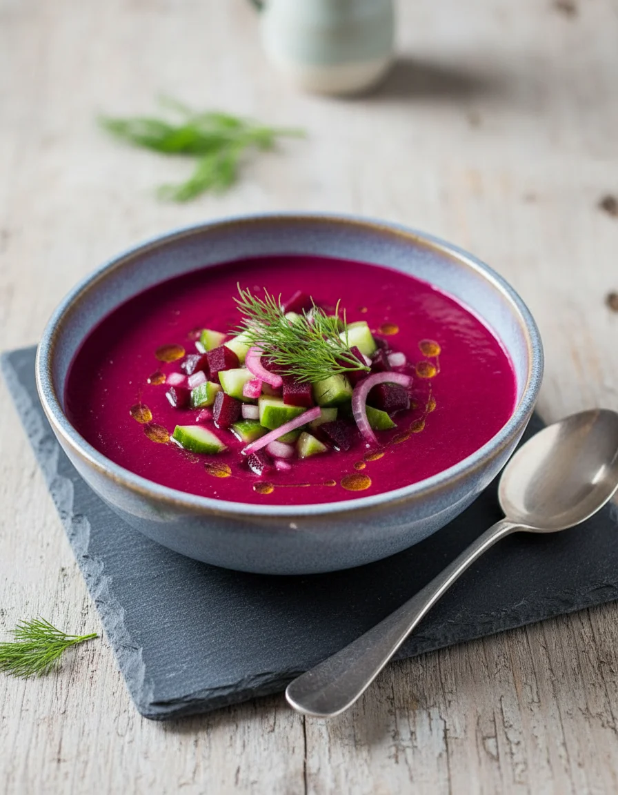 Delicious Beet Gazpacho made with beets, red onion, garlic, turkish cucumbers, fresh dill, sherry vinegar, kosher salt, fresh pepper, avocado, diced cucumber, diced beet, finely diced onion, chopped dill, baby nasturtium leaves, olive oil, vegan yogurt