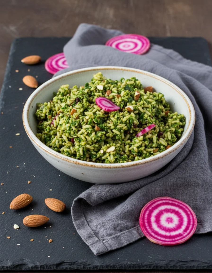 Beet Green Almond Pesto Pilaf
