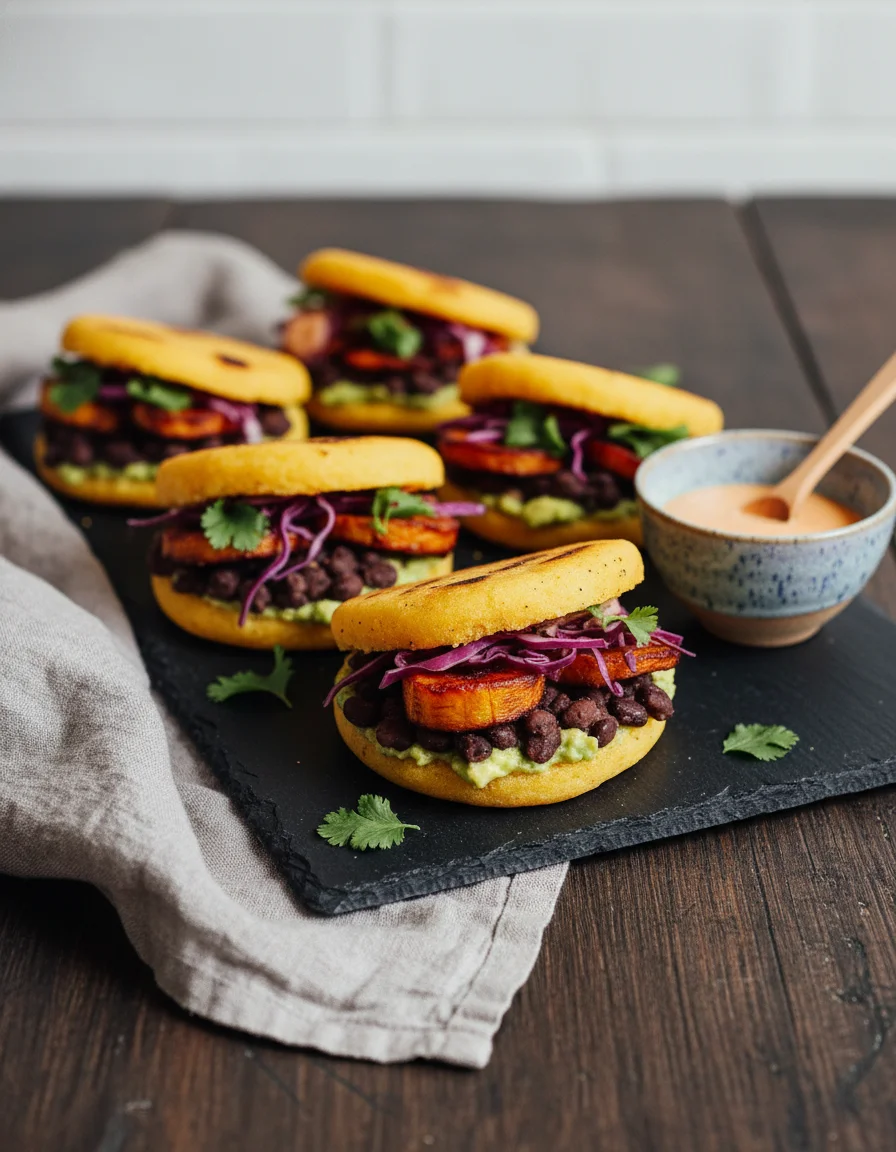 Black Bean Plantain Arepa Sandwiches