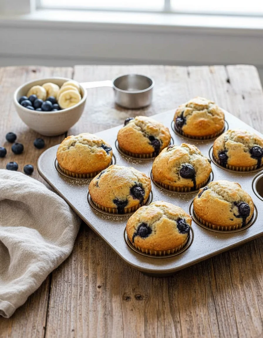 Blueberry Banana Muffins made with mashed ripe bananas, granulated sugar, canola or vegetable oil, baking powder, baking soda, salt, whole wheat or all-purpose flour, fresh or frozen blueberries