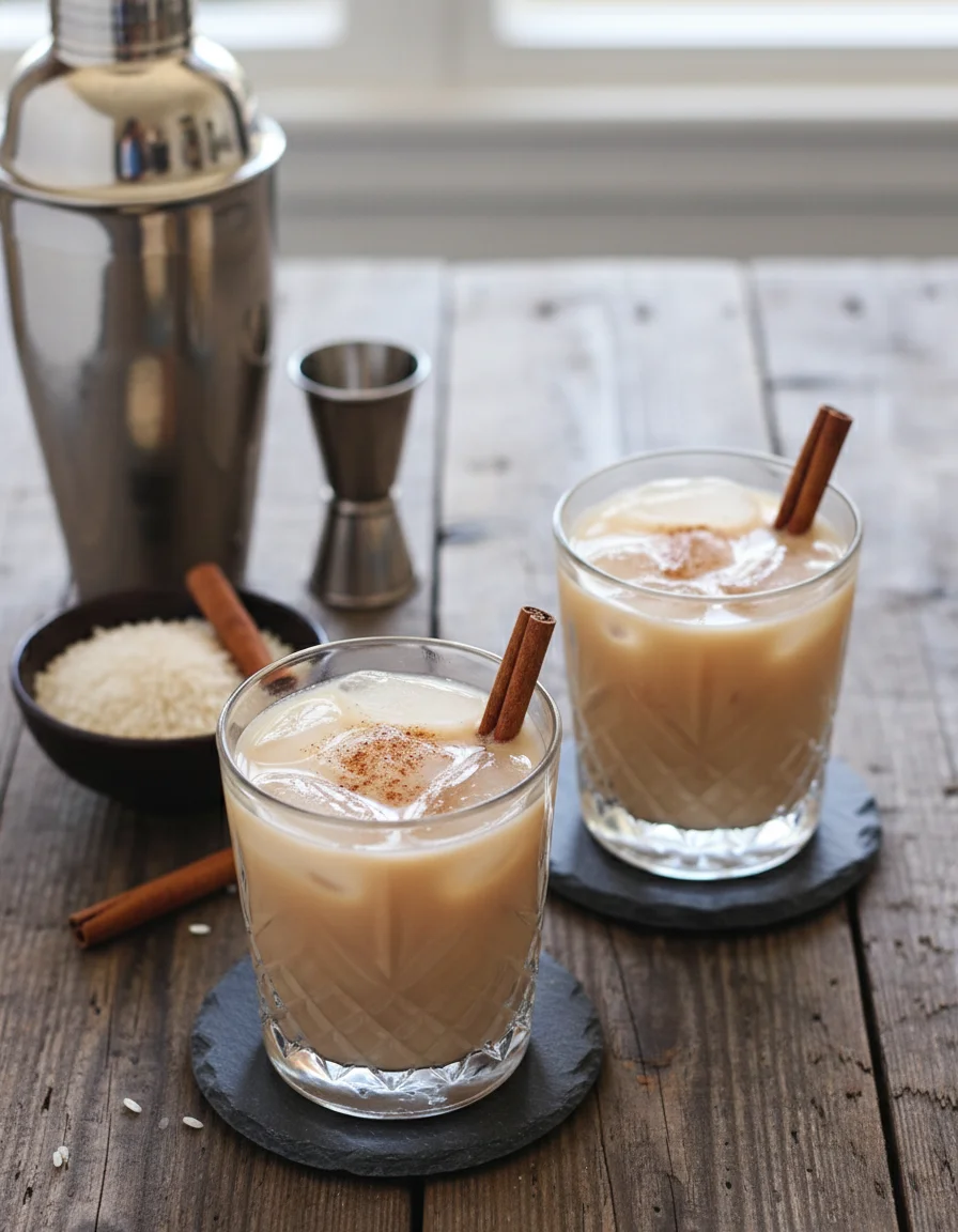 Boozy Rum Horchata made with horchata, plant milk, dark rum, ice cubes, agave nectar