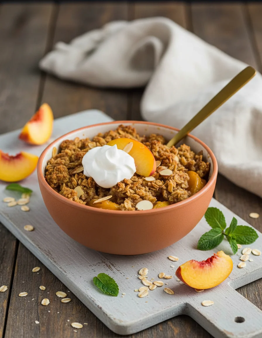 Breakfast Peach Cobbler made with gluten free oats, sea salt, coconut oil, maple syrup, unsweetened almond milk, canned yellow peaches, ground cinnamon, ground nutmeg, sea salt, lemon juice, oat flour, maple syrup