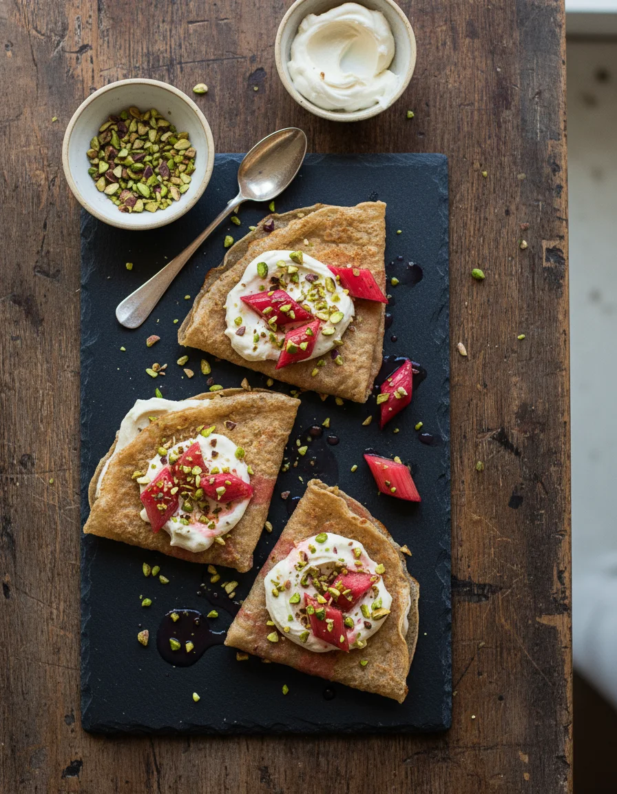 Buckwheat Crepes with Cashew Cream and Rhubarb
