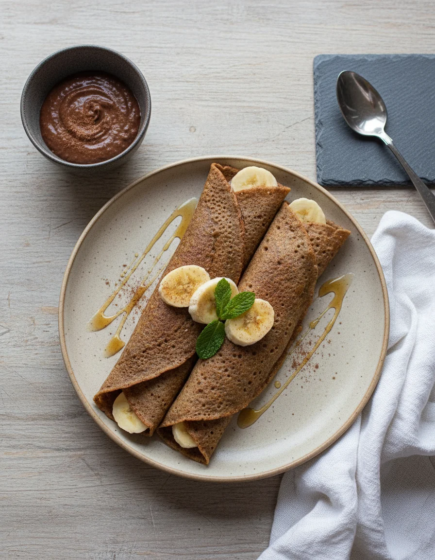 Buckwheat Vegan Crepes with Chocolate Date Sauce