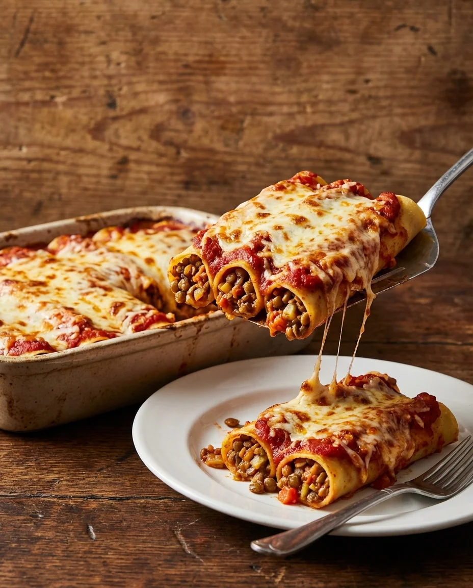 Cheesy Lentil Cannelloni made with red onion, garlic, smoked paprika, green lentils, dark soy sauce, brown rice miso, balsamic vinegar, plum tomatoes, vegan bouillon powder, water, vegan butter, plain flour, soy milk, nutritional yeast, marmite, vegan cream cheese, tapioca starch, soy milk, garlic powder, onion powder, cannelloni, fresh parsley