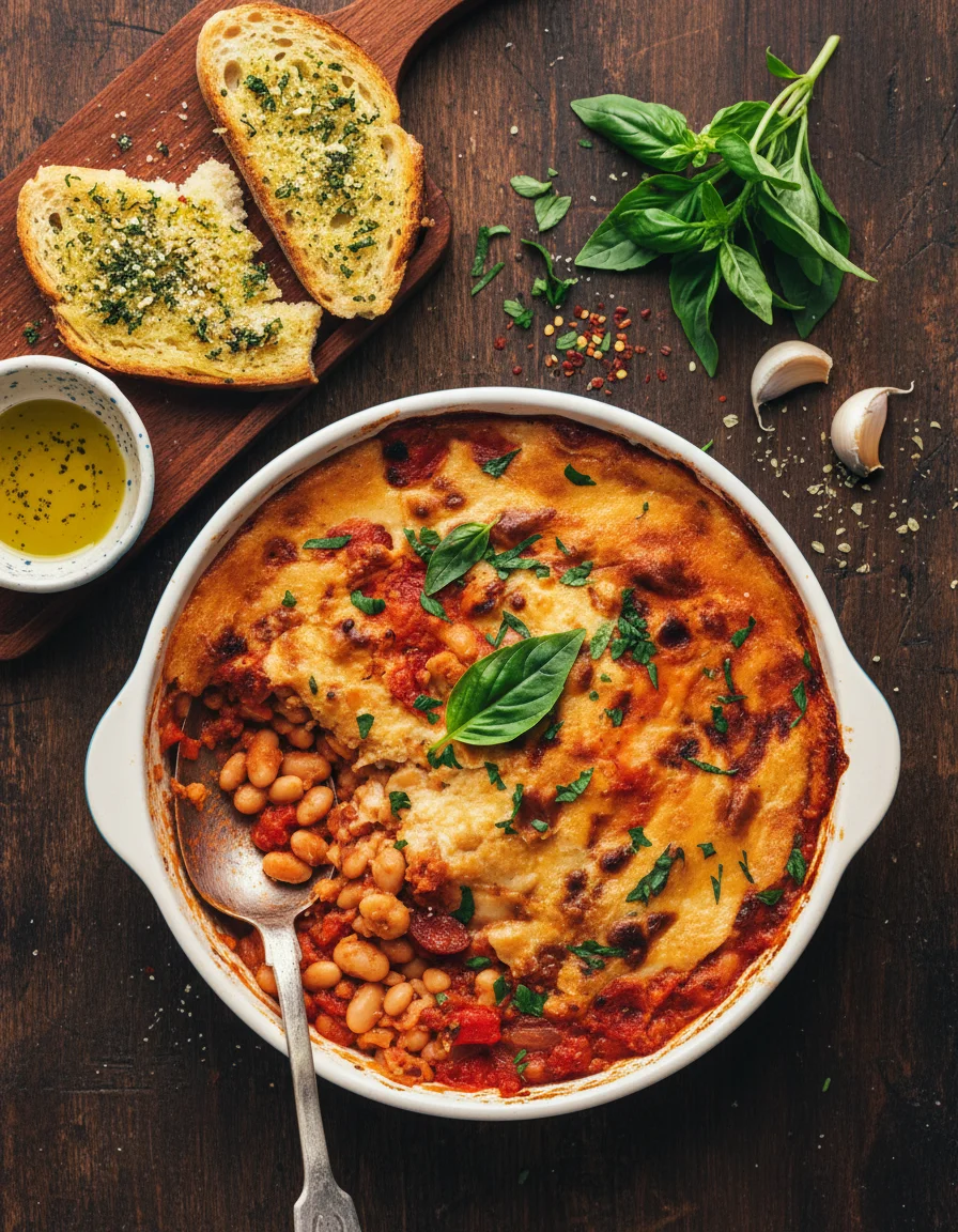Cheesy Vegan Pizza Beans made with raw cashews, water, lemon juice, nutritional yeast, tapioca starch, sea salt, olive oil, garlic, minced, red pepper flakes, crushed tomatoes, water, dried Italian herbs, maple syrup, sea salt, white beans, drained and rinsed, freshly chopped basil, vegan garlic bread
