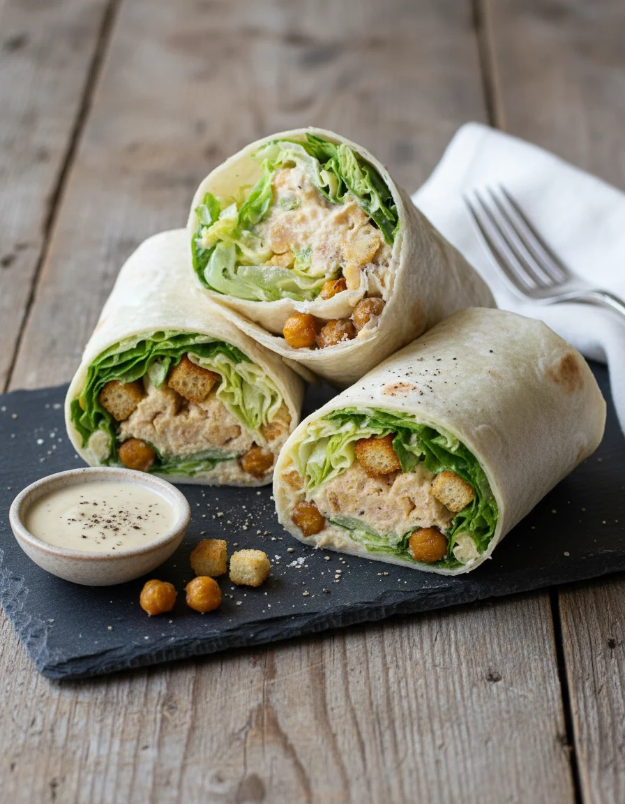 Chickpea Caesar Salad Wrap made with cooked chickpeas, olive oil, salt, unsweetened soy yogurt, vegan mayonnaise, nutritional yeast flakes, lemon, capers, garlic powder, salt, ground black pepper, cooked chickpeas, large soft flour tortillas, romaine lettuce