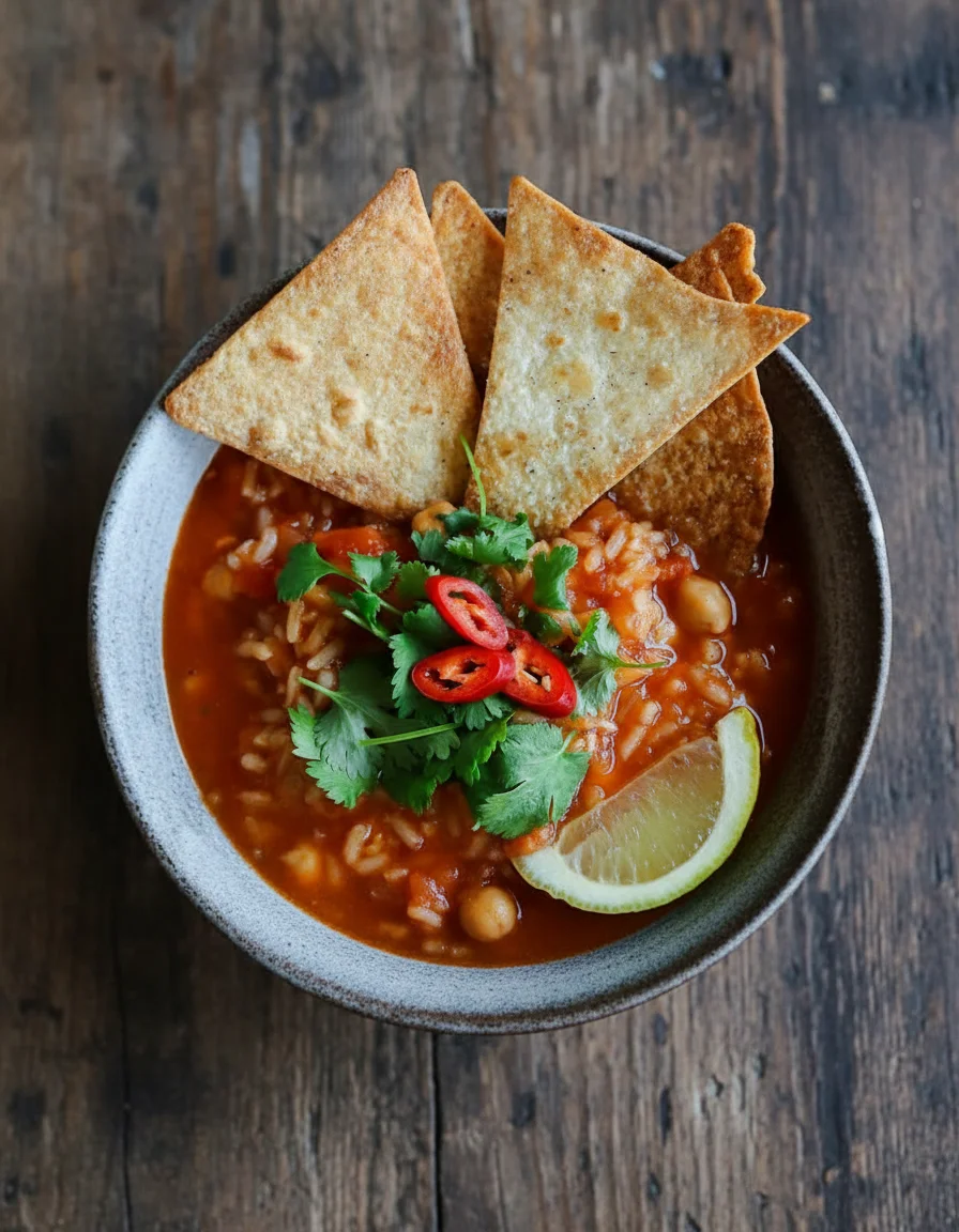Chickpea & Rice Tortilla Soup made with vegetable oil, medium onion, garlic cloves, canned diced tomatoes, mexican seasoning, boiling water, vegetable bouillon cubes, cooked chickpeas, long-grain white rice, salt, ground black pepper, large soft flour tortillas, vegetable oil, salt, ground black pepper, fresh cilantro, sliced chili pepper, lemon slice