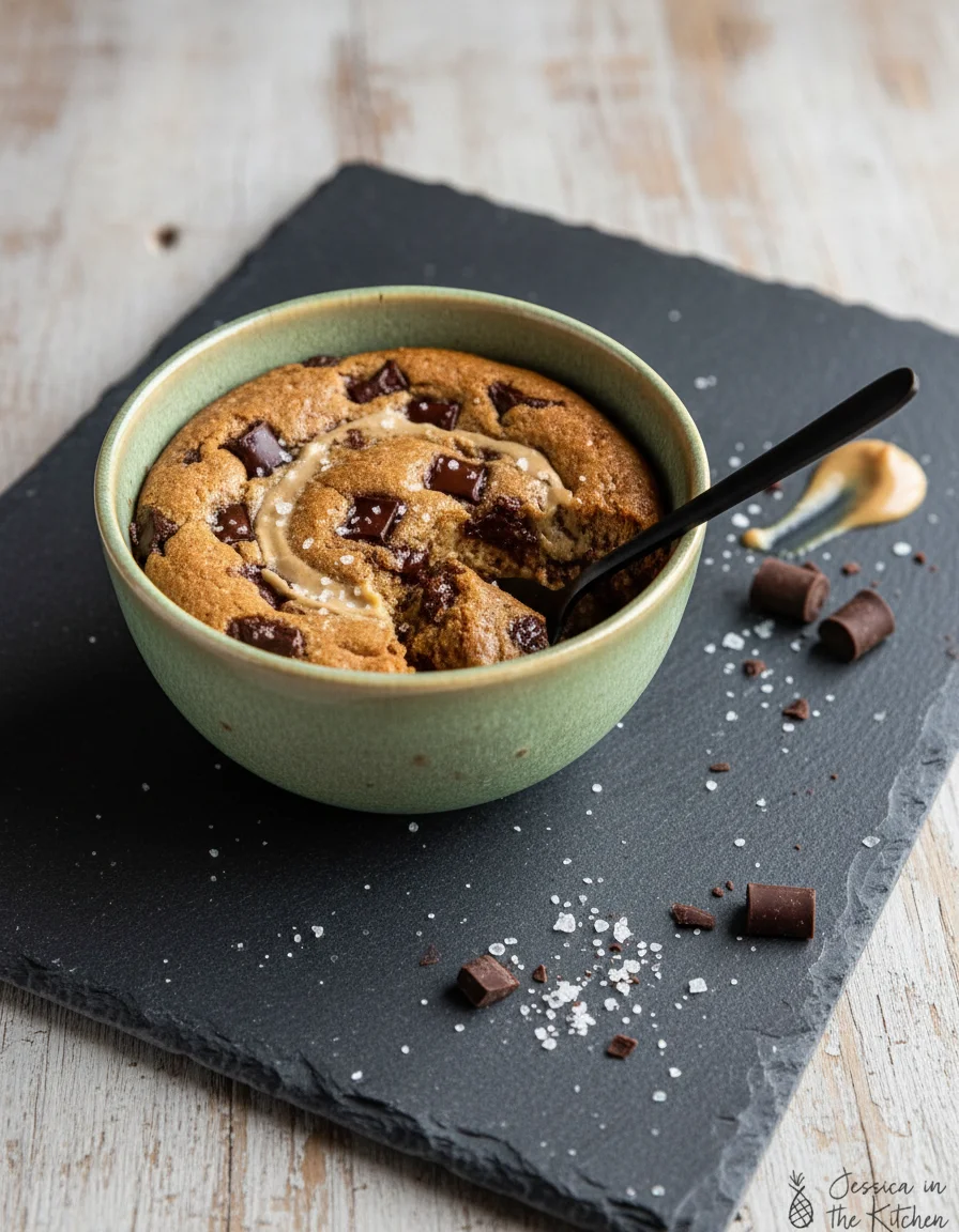 Chocolate Tahini Mug Cake made with all purpose flour, almond flour, sugar, ground cinnamon, baking powder, sea salt, water, tahini, chocolate chips