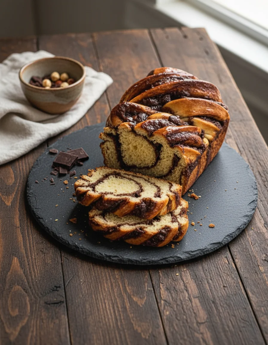 Chocolate Vegan Babka made with flour, instant yeast, salt, dairy free milk, maple syrup, vegan butter, vegan cane sugar, brown sugar, cocoa powder, vegan chocolate chips, water, vegan cane sugar