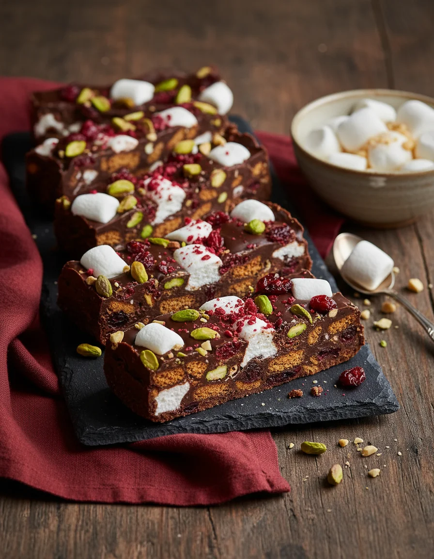Christmas Rocky Road made with vegan dark chocolate, plant butter, maple syrup, vegan speculoos cookies, vegan marshmallows, dried cranberries, roasted pistachios, roasted pistachios, dried cranberries