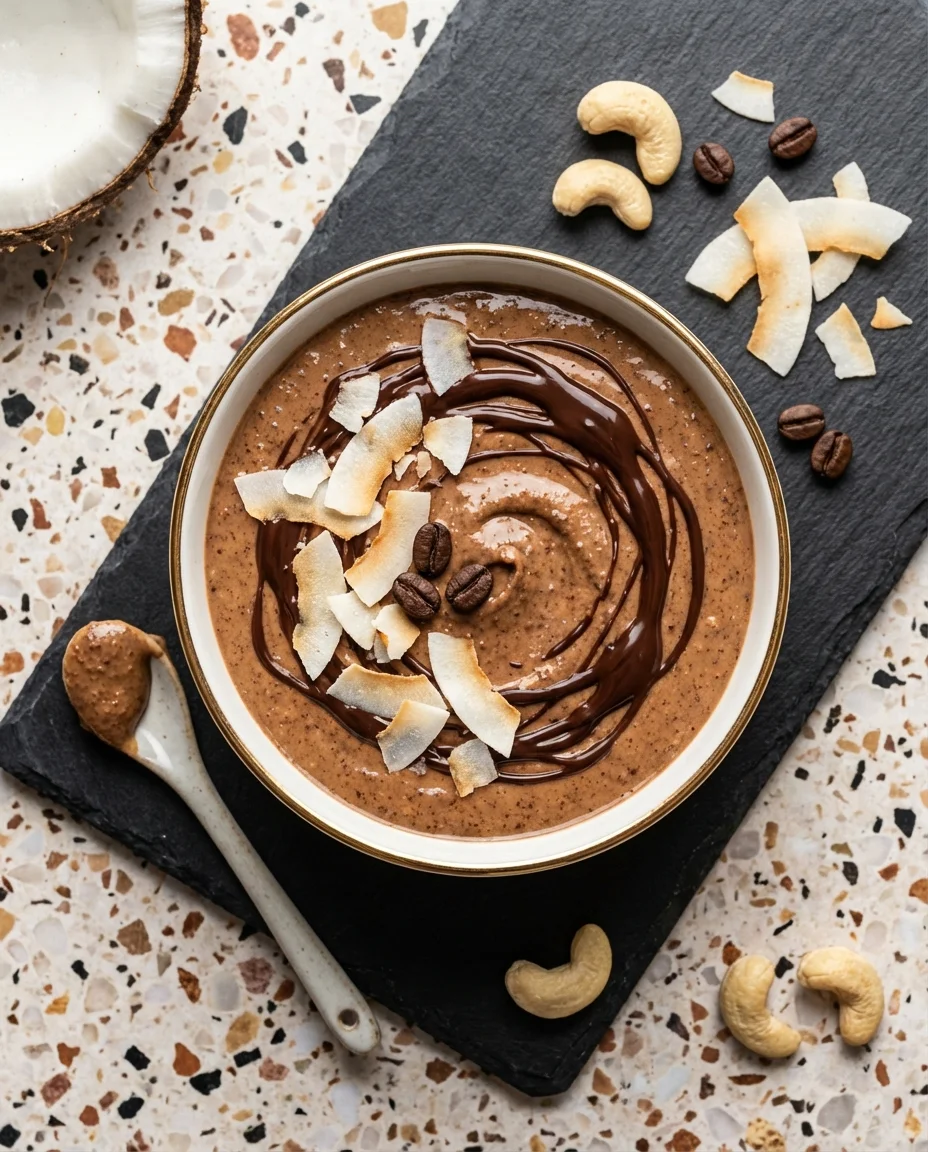 Mocha Cashew Butter made with cashews, shredded coconut, dark chocolate chips, coffee grounds, cocoa powder, coconut oil, ground cinnamon, salt, vanilla extract, coconut extract, maple syrup