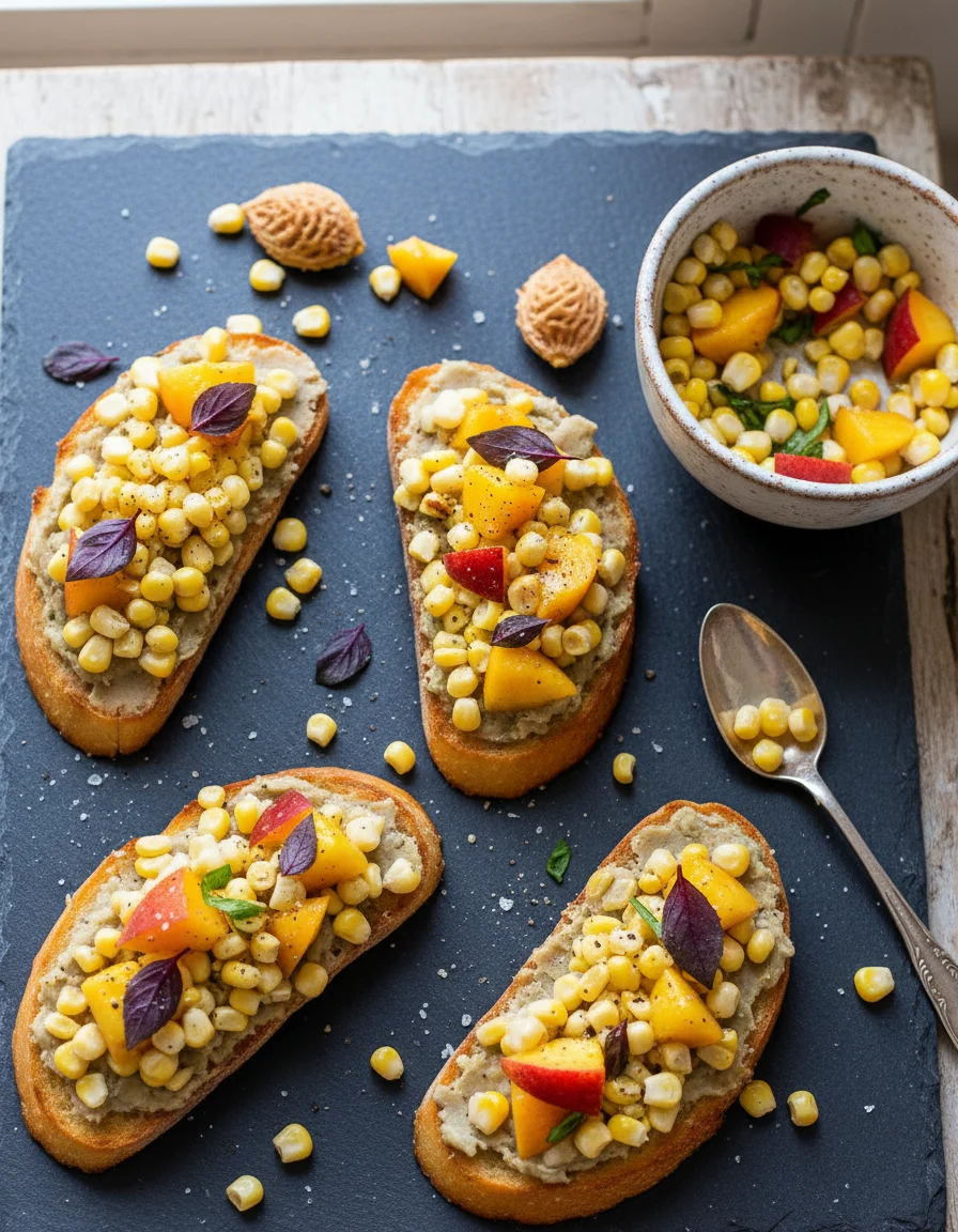 Corn Peach Crostini