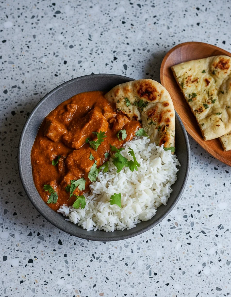 Creamy Baked Tofu Butter 'Chicken' made with firm tofu, unsweetened soy yogurt, garam masala, ground cumin, ground coriander, fresh turmeric, salt, raw cashews, vegetable oil, large onion, garlic cloves, jalapeño, grated fresh ginger, garam masala, ground coriander, ground cumin, salt, cayenne pepper, canned diced tomatoes, canned full-fat coconut milk, tomato paste, agave syrup, vegan naan