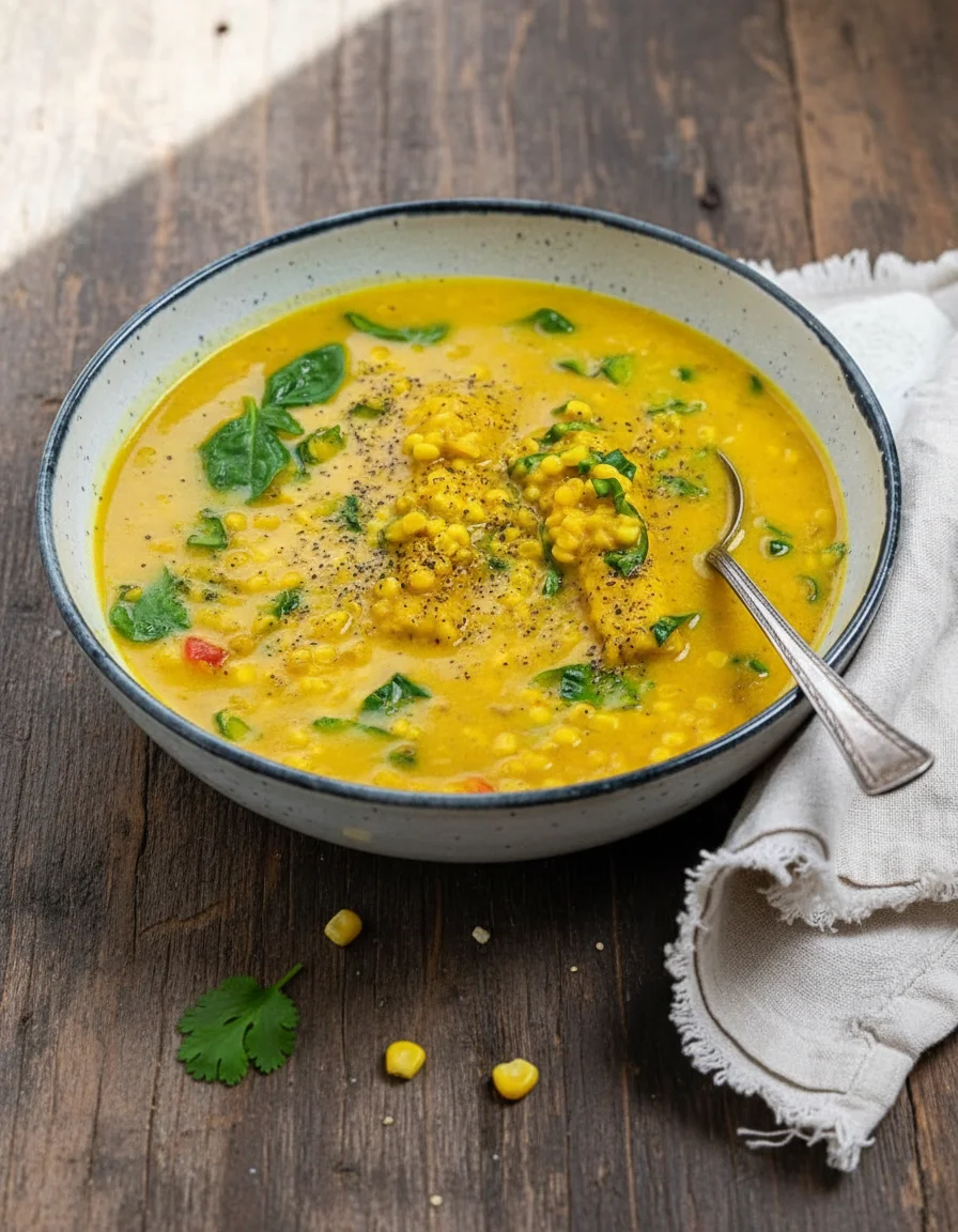Creamy Coconut Corn Chowder made with oil, garlic, onion, turmeric powder, ginger, corn, coconut milk, water, sugar, salt, cayenne pepper, basil, lime juice