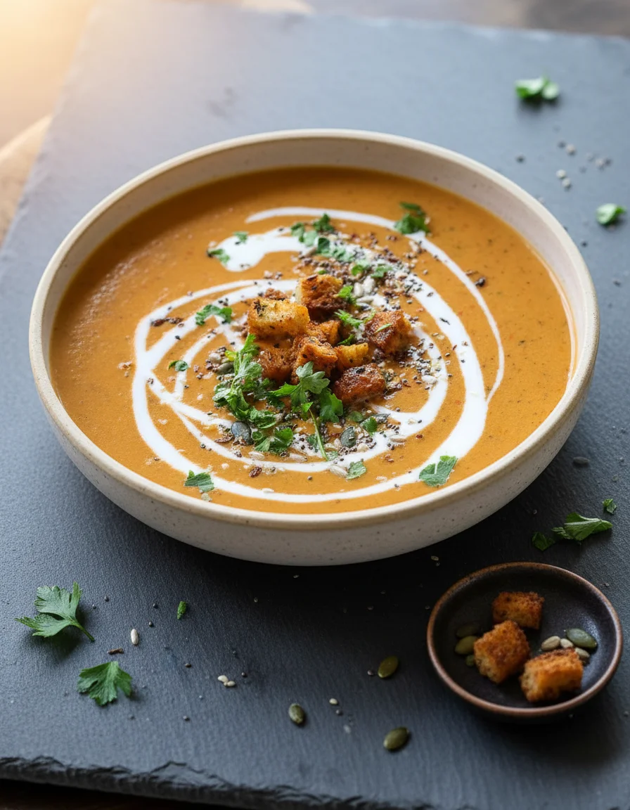 Creamy Coconut Paprika Zucchini Soup made with vegetable oil, onion, garlic, vegetable bouillon cube, zucchini, red bell pepper, ground coriander, red bell pepper, water, coconut milk, croutons, seed mix, fresh parsley