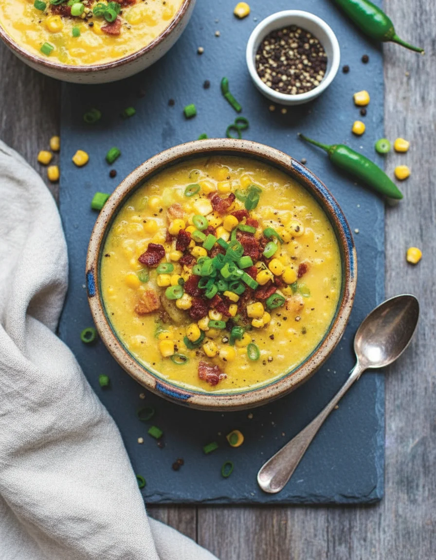 Corn Chowder made with vegetable oil, yellow onion, garlic, red bell pepper, jalapeño, celery, potatoes, corn kernels, vegetable broth, salt, unsweetened, plain plant-based milk, chopped green onion, freshly ground black pepper
