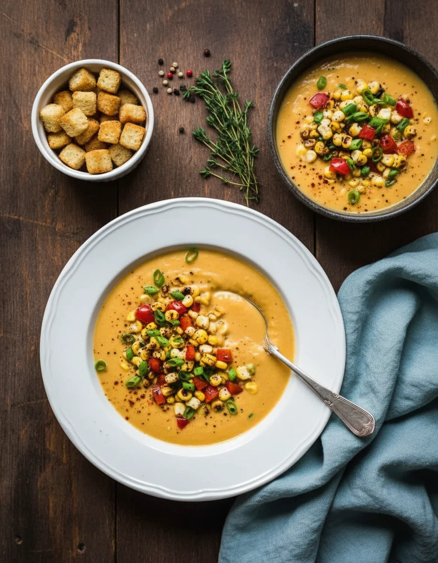 Creamy Corn Chowder made with raw cashews, fresh sweet corn, olive oil, yellow onion, garlic cloves, jalapeño peppers, carrot, diced celery, kosher salt, freshly cracked black pepper, yukon gold potatoes, bay leaves, smoked paprika, ground cumin, celery salt, low-sodium vegetable broth, full-fat coconut milk, nutritional yeast, lime, reserved corn kernels, chopped chives, diced tomatoes or red bell pepper, chopped cilantro or finely slivered basil leaves