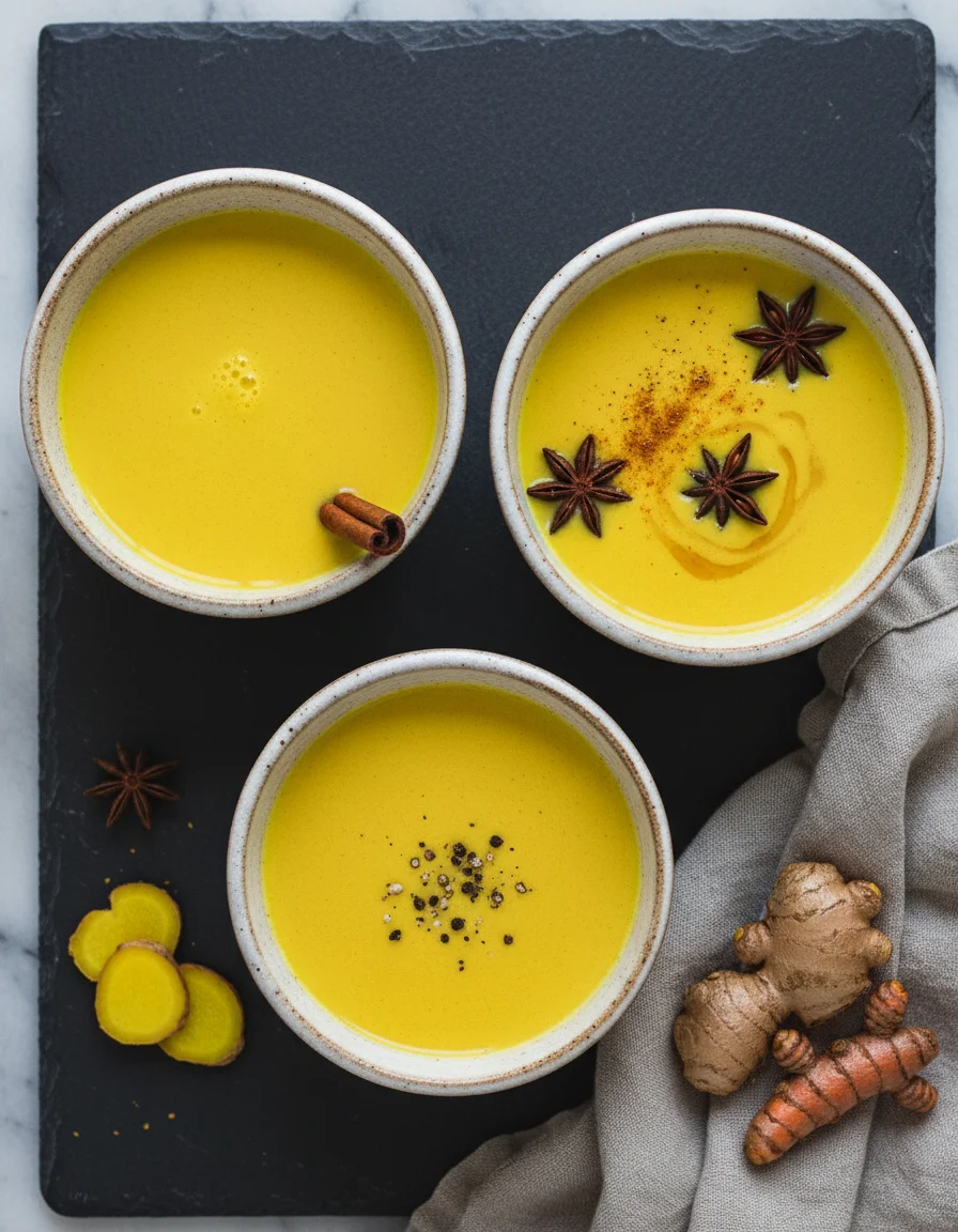 Creamy Golden Milk made with raw, unsalted cashews, water, ground turmeric, ground cinnamon, ground ginger, ground cardamom, freshly ground black pepper, fine salt, maple syrup, vanilla extract