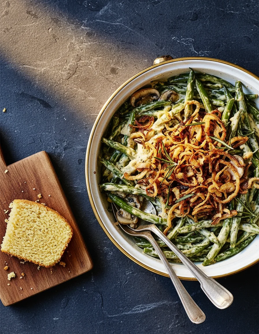 Creamy Green Bean Casserole made with green beans, olive oil, shallots, button mushrooms, rosemary, cayenne pepper, soya cream, english mustard, salt, pepper