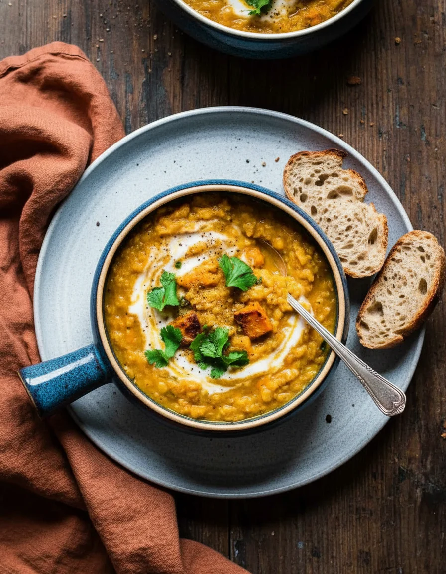Creamy Lentil Sweet Potato Soup made with coconut oil, medium onion, garlic cloves, freshly grated or minced ginger, serrano pepper, garam masala, curry powder, ground cumin, ground turmeric, medium sweet potatoes, red lentils, low-sodium vegetable broth*, sea salt, Freshly cracked black pepper, maple syrup, coconut yogurt, fresh cilantro, flatbread, rice