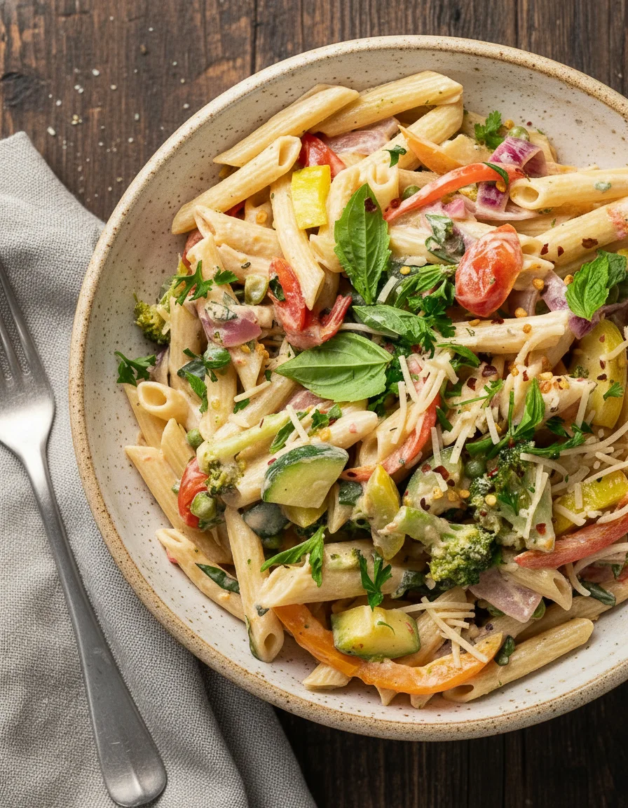 Creamy Pasta Primavera made with pasta, red onion, broccoli florets, zucchini, yellow squash, red, orange, and yellow bell peppers, cherry tomatoes, frozen peas, fresh basil, fresh parsley, vegan parmesan, raw sunflower seeds, unsweetened non-dairy milk, nutritional yeast, juice of lemons, garlic, sea salt, freshly cracked black pepper