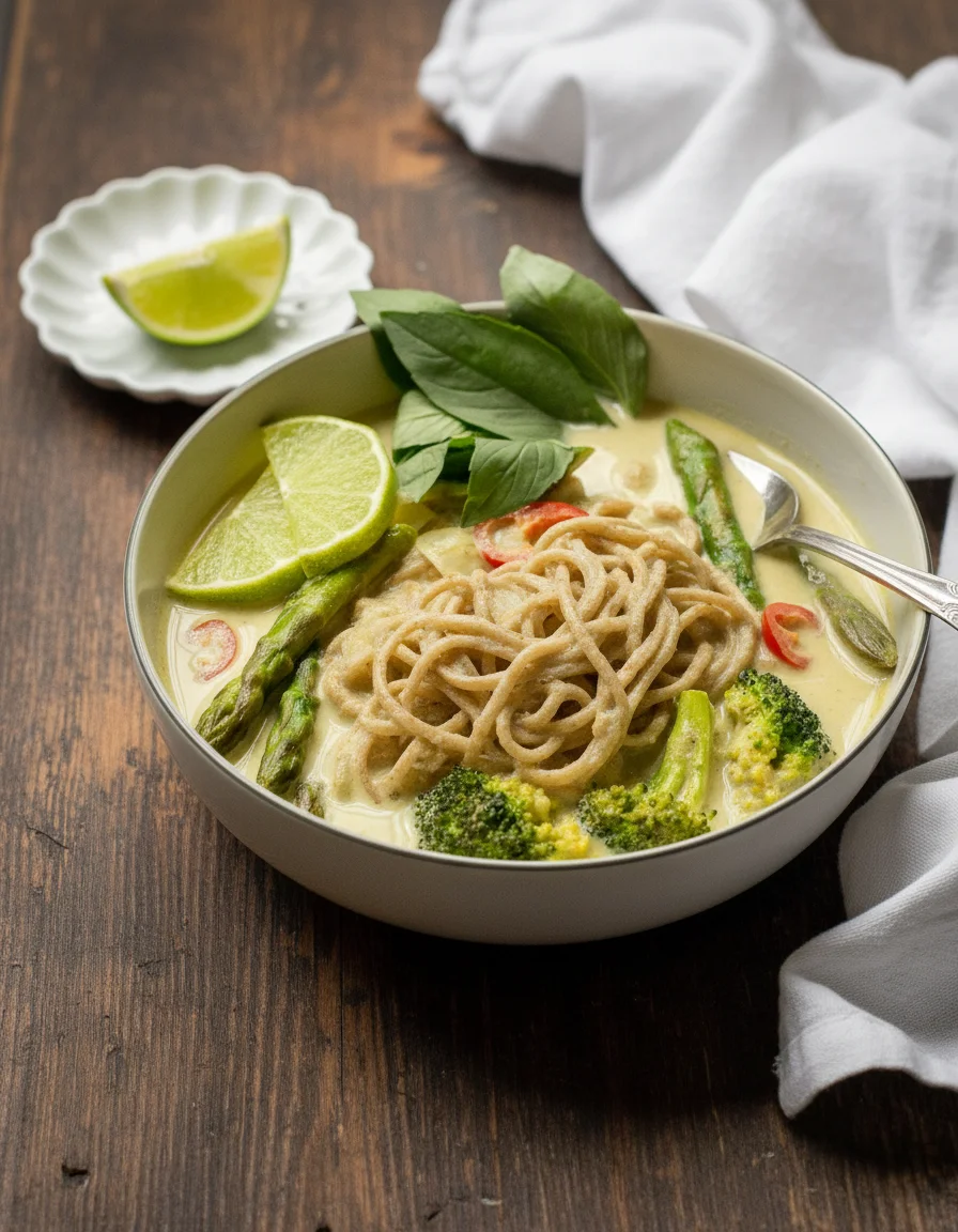 Creamy Thai Green Noodles made with sunflower or rapeseed oil, Thai green curry paste, onion, broccoli, asparagus spears, spring onions, coconut milk, red chilli, wholewheat noodles, fresh coriander, dry roasted peanuts, lime, salt