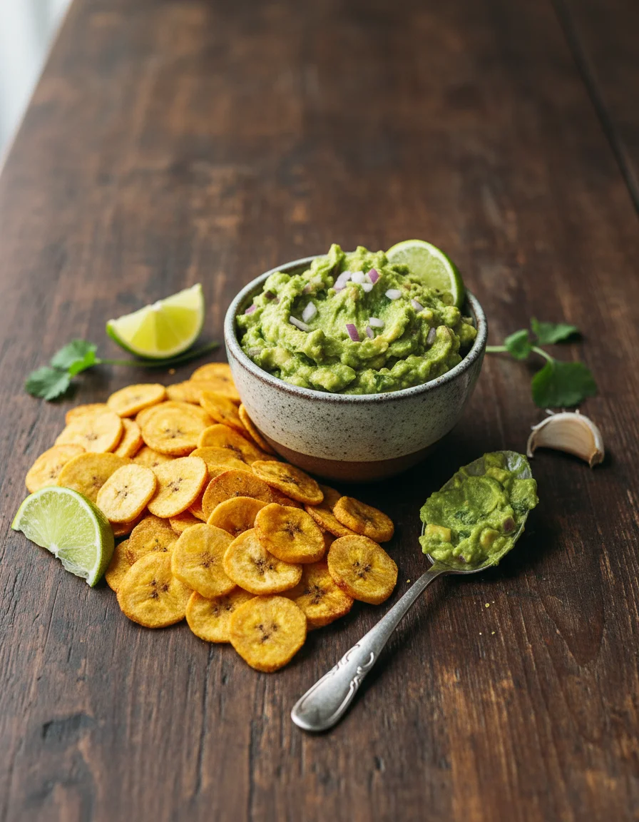 Crispy Baked Plantain Chips with Garlicky Guacamole