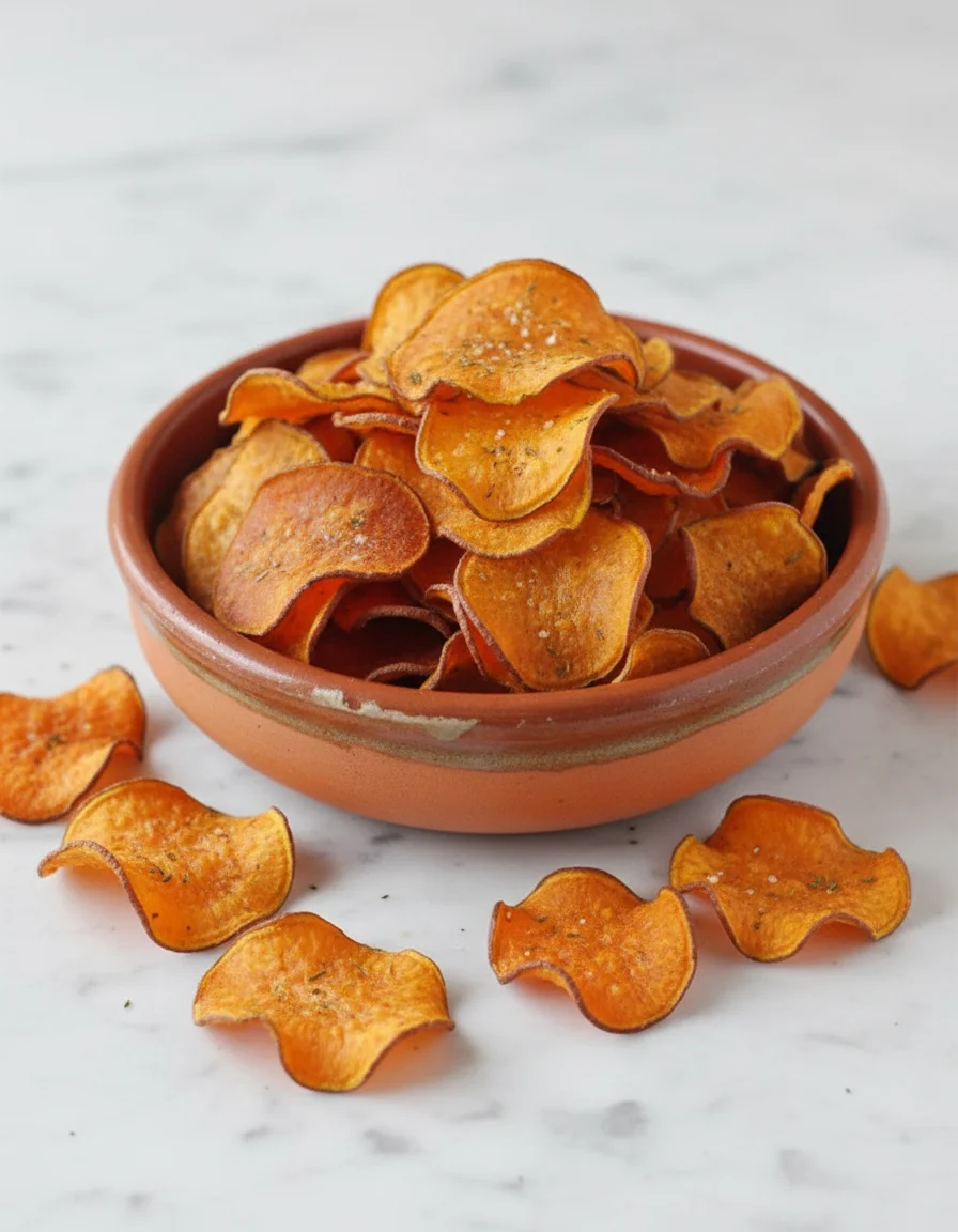 Crispy Baked Sweet Potato Chips made with sweet potatoes, olive oil, sea salt