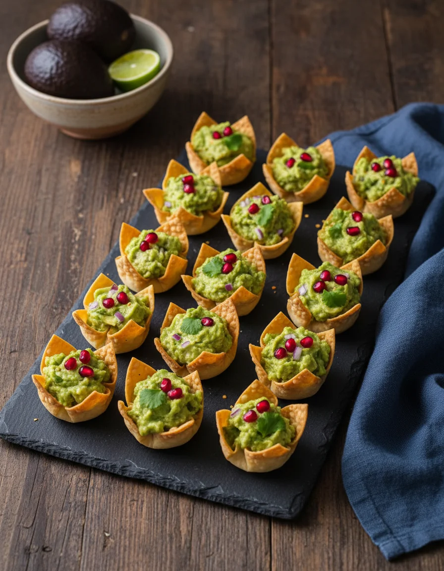 Crispy Guacamole Wonton Cups made with wonton wrappers, large avocado, lime juice, cherry tomatoes, red onion, fresh cilantro, sea salt flakes, pomegranate seeds