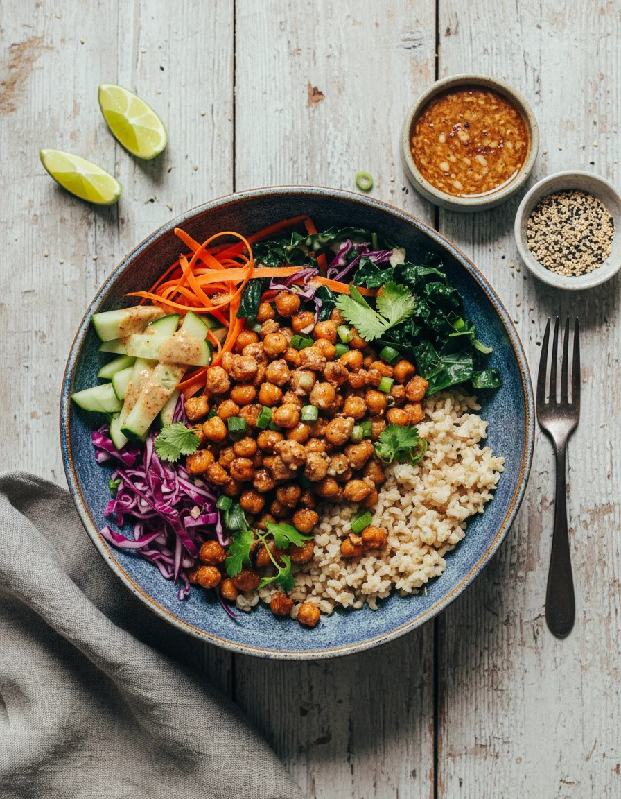 Crispy Miso Chickpea Bowls with Garlic Sesame Dressing made with cooked brown rice, chickpeas, toasted sesame oil, white miso paste, maple syrup, chili garlic sauce, chili garlic sauce, maple syrup, coconut aminos, lime juice, rice vinegar, sesame oil, garlic cloves, thinly sliced vegetables, finely chopped roasted salted peanuts, Quick Ginger Garlic Miso Tahini Dressing