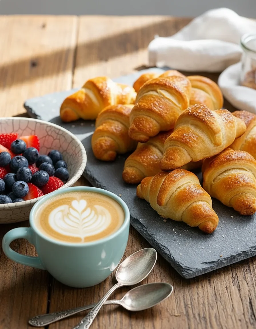 Easy Vegan Croissants made with white flour, salt, caster sugar, plant butter, plant yogurt, plant milk, fresh yeast, maple syrup, soy milk
