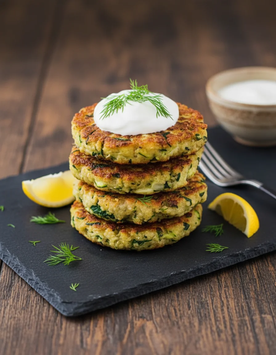 Easy Zucchini Fritters made with cooked and cooled quinoa, shredded zucchini, avocado oil, finely diced onion, garlic, sea salt, black pepper, chopped spinach, chickpea flour, water, sea salt, fresh dill, gluten free flour, coconut yogurt, fresh dill, lemon wedges, hummus