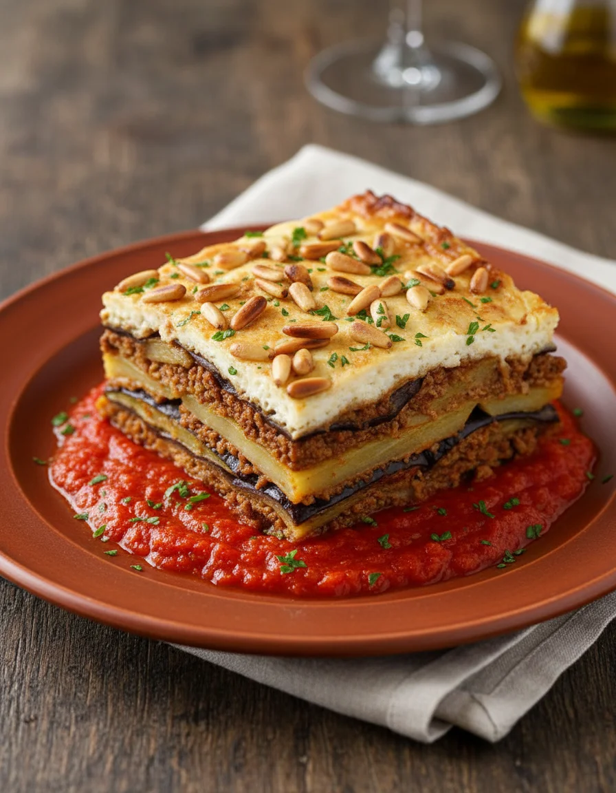 Eggplant Potato Moussaka with Pine Nut Cream