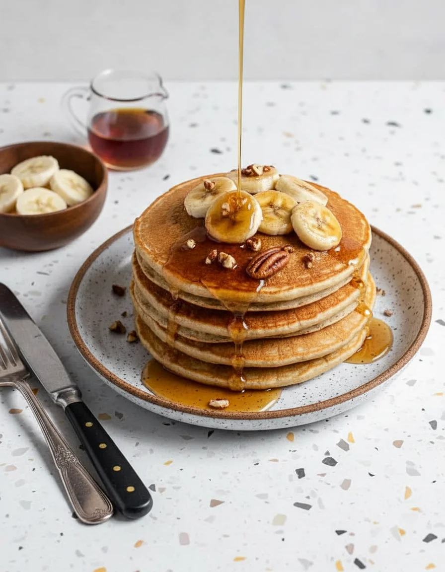 Fluffy Banana Pancakes made with all-purpose flour, baking powder, salt, neutral oil, mashed banana, plant-based milk, vanilla extract, brown sugar