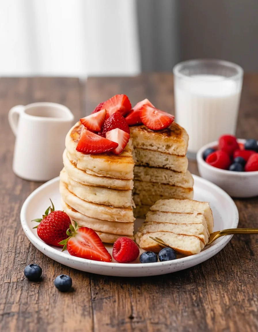 Fluffy Homemade Vegan Pancakes made with soy milk, apple cider vinegar, all-purpose flour, baking powder, sea salt, granulated sugar, vanilla extract, vegan butter or oil