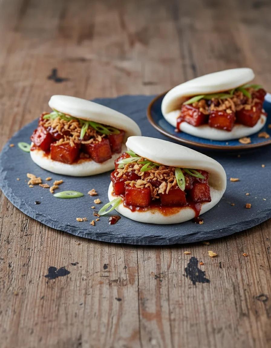 Gochujang Sweet Potato Bao made with vegetable oil, sweet potato, bao buns, gochujang paste, soy sauce, maple syrup, sesame seeds, spring onions, fresh coriander, lime, sesame oil, vegan mayonnaise, fried onions