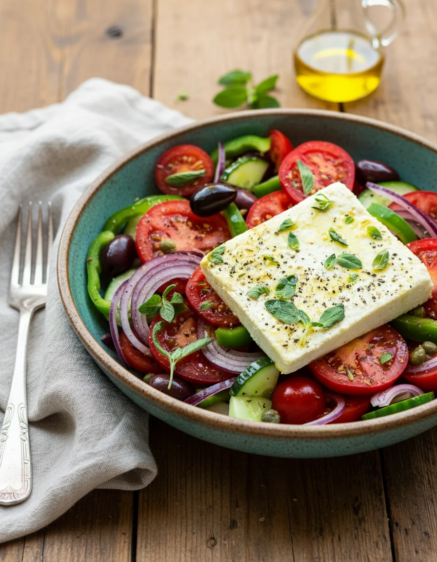 Greek Salad with Vegan Feta made with flaked almonds, lemon juice, garlic, unsweetened almond milk, salt, white miso paste, nutritional yeast, tomatoes, cucumber, red onion, green bell pepper, black olives, oregano, extra virgin olive oil, red wine vinegar, salt, black pepper