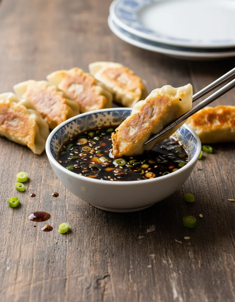 Gyoza Dipping Sauce made with soy sauce or tamari, rice wine vinegar, sesame oil, sriracha sauce or chilli, garlic clove, ginger, spring onion, sesame seeds