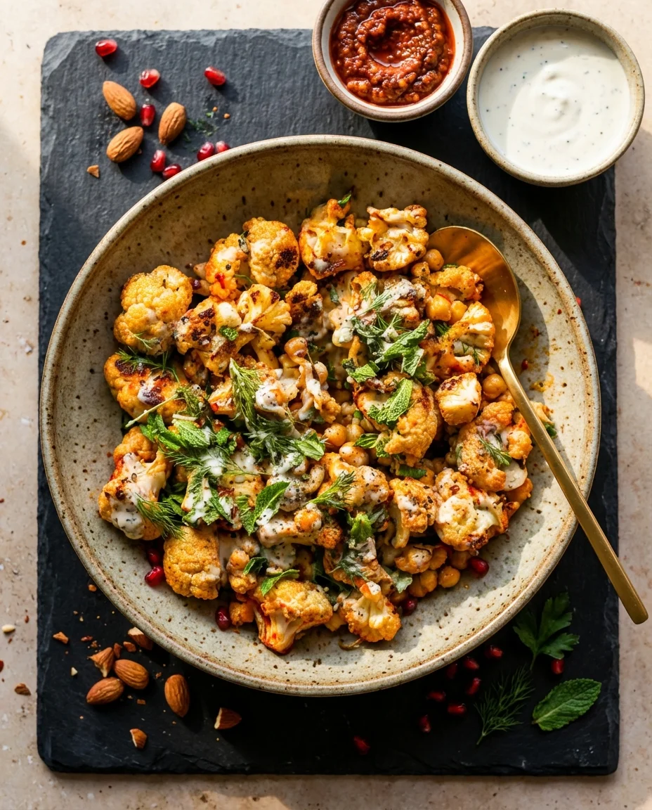 Harissa Roasted Cauliflower and Chickpea Salad