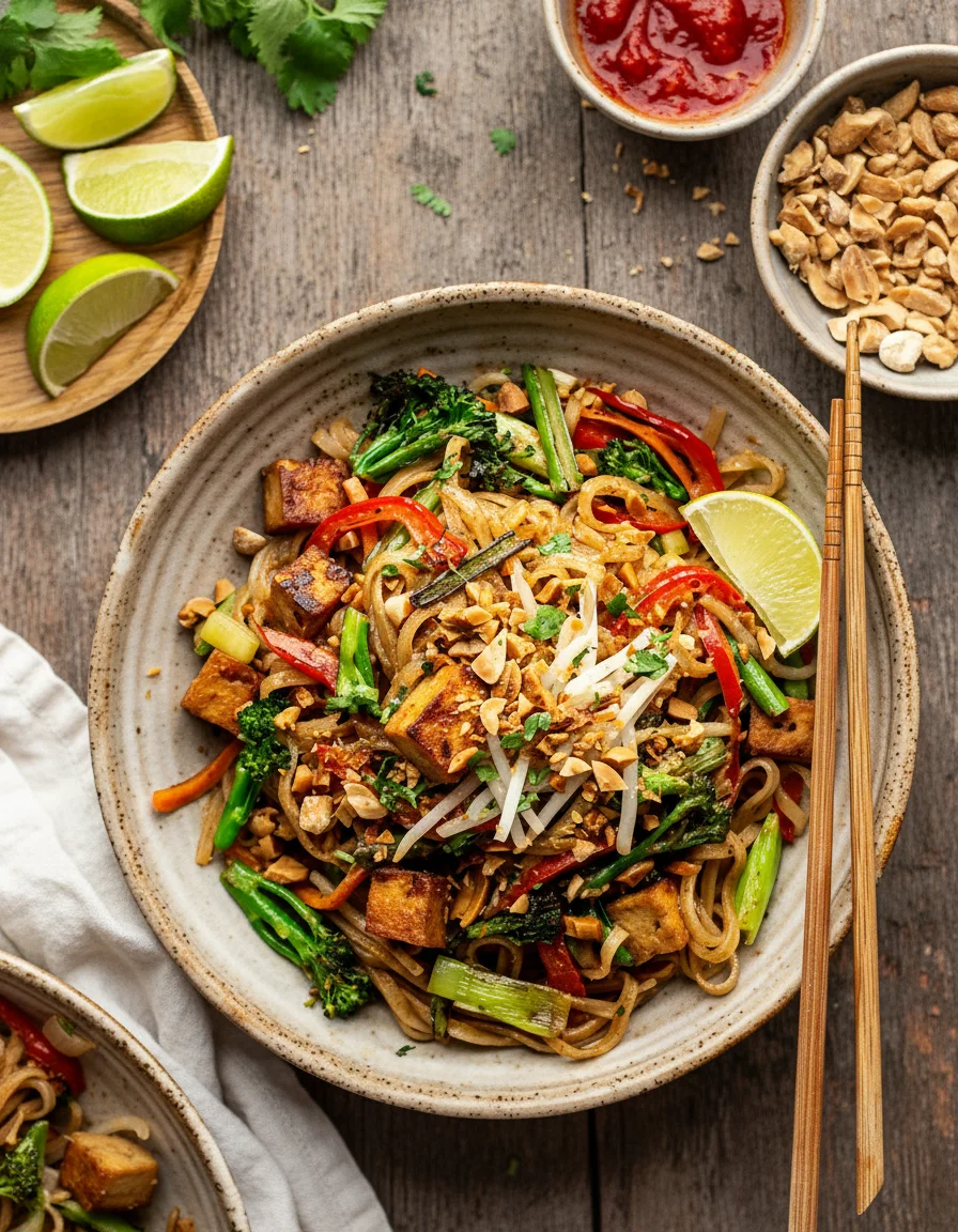 Healthier Vegan Pad Thai made with pitted dates, peanut butter, soy sauce or tamari, tamarind concentrate, garlic clove, fresh ginger, Sriracha, mushroom powder, nori sheet, rice noodles, rice bran oil, broccoli, carrot, red pepper, shallot, spring onions, garlic cloves, bean sprouts, fried / baked tofu, crushed roasted peanuts, fresh lime, fresh coriander, soy sauce or tamari, maple syrup, rice wine vinegar, garlic clove, finely grated ginger, firm tofu, cornflour / cornstarch