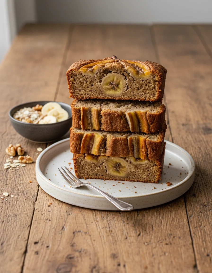 Healthy Banana Bread made with rolled oats, baking powder, chopped walnuts, chia seeds, ground cinnamon, ripe bananas, flax egg, melted coconut oil, pure maple syrup, almond milk, vanilla extract, extra banana