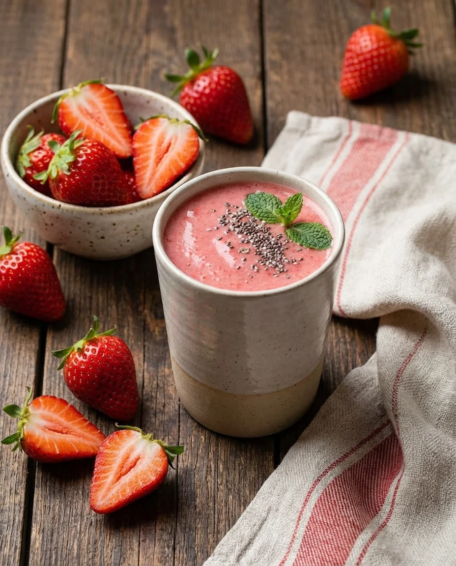 Healthy Strawberry Smoothie made with frozen strawberries, plant milk, maple syrup, vanilla extract