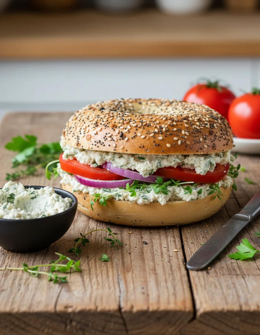 Herby Garlic Cream 'Cheese' made with raw cashews, firm tofu, garlic cloves, lemon, apple cider vinegar, garlic powder, onion powder, salt, ground black pepper, fresh chives, fresh dill, fresh basil leaves